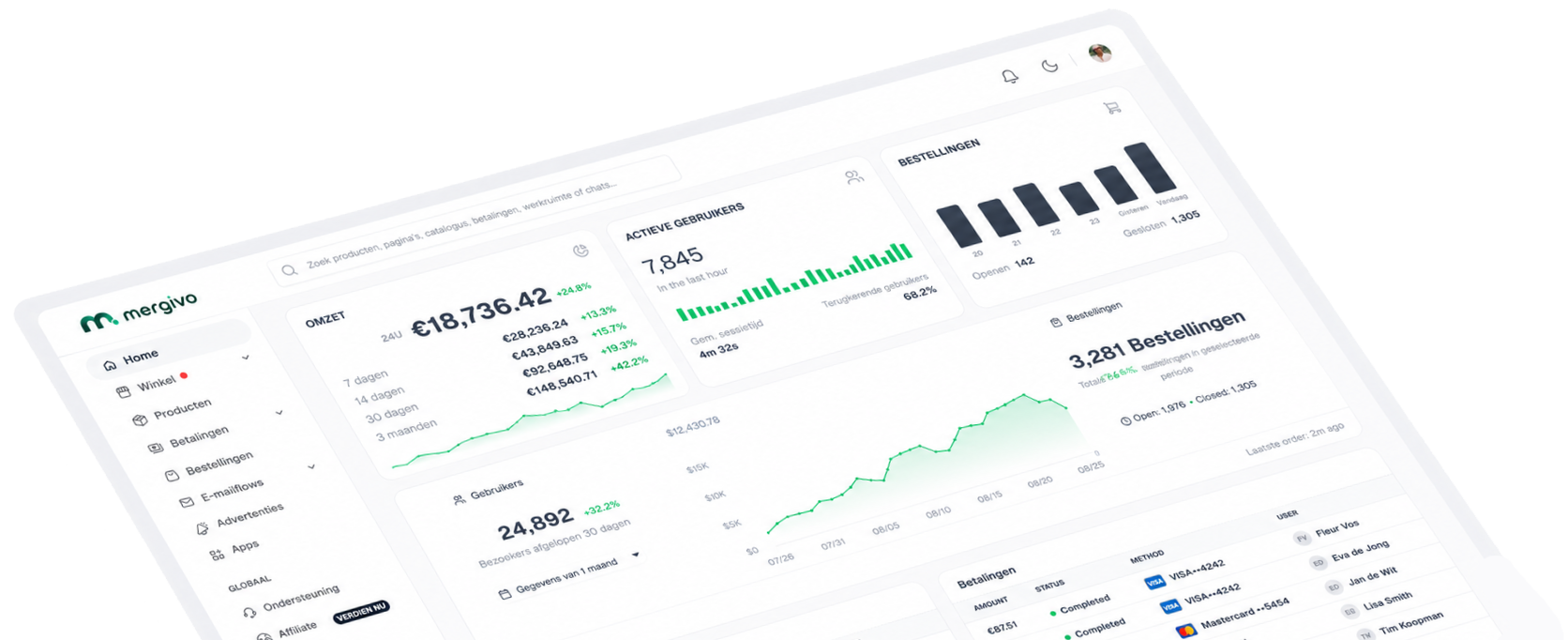 Mergivo AI ecommerce dashboard and webshop builder preview